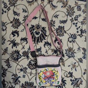 Ed Hardy Pink Crossbody Bag with Colorful Tattoo Design Y2K
